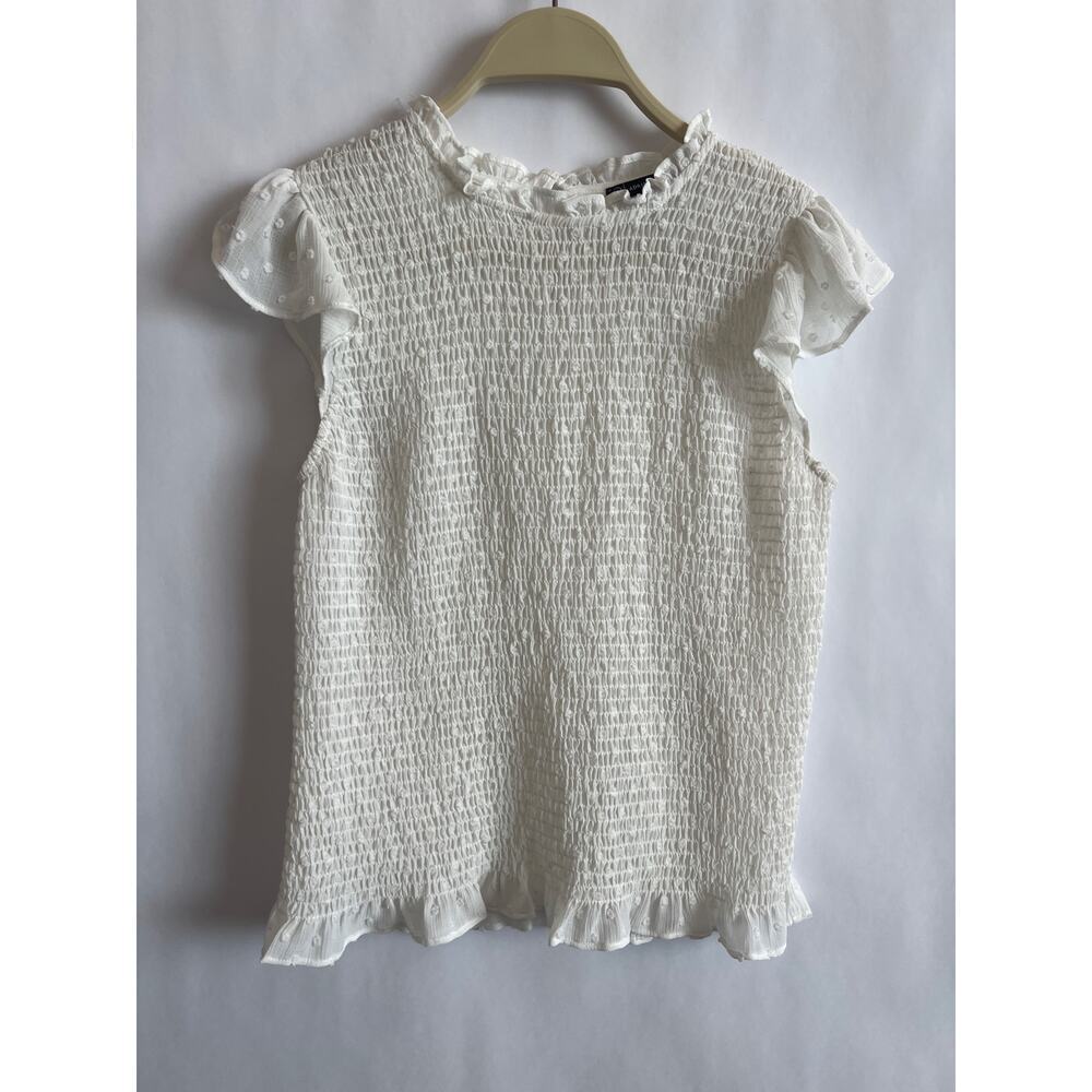 ADRIANNA PAPPEL SMOCKED RUFFLE TOP BLOUSE SLEEVELESS MOCK NECKLINE WHITE SMALL